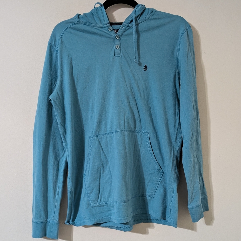 Volcom Young Man Blue Hoodie Henley Shirt Breathable Cotton Fabric Size Small